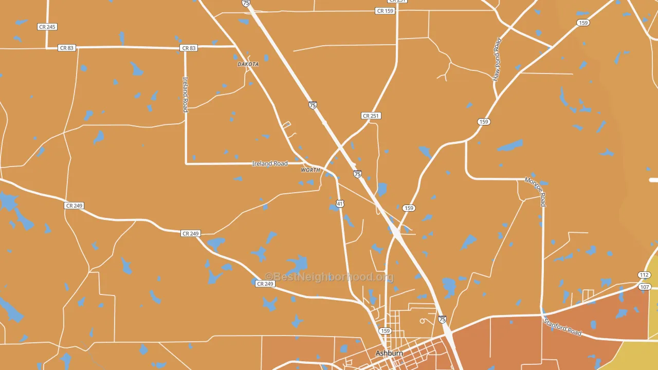 Map of the best neighborhoods in the Worth area, with better matches in green and worse matches in red