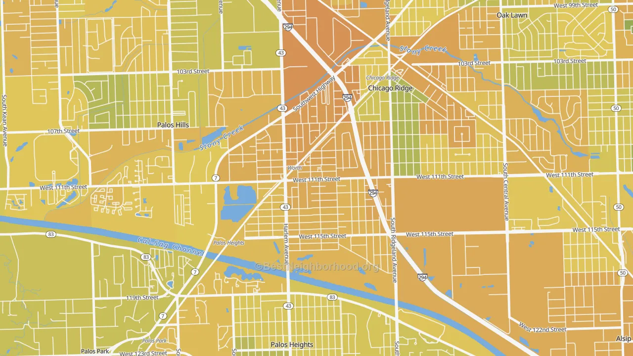 Map of the best neighborhoods in the Worth area, with better matches in green and worse matches in red