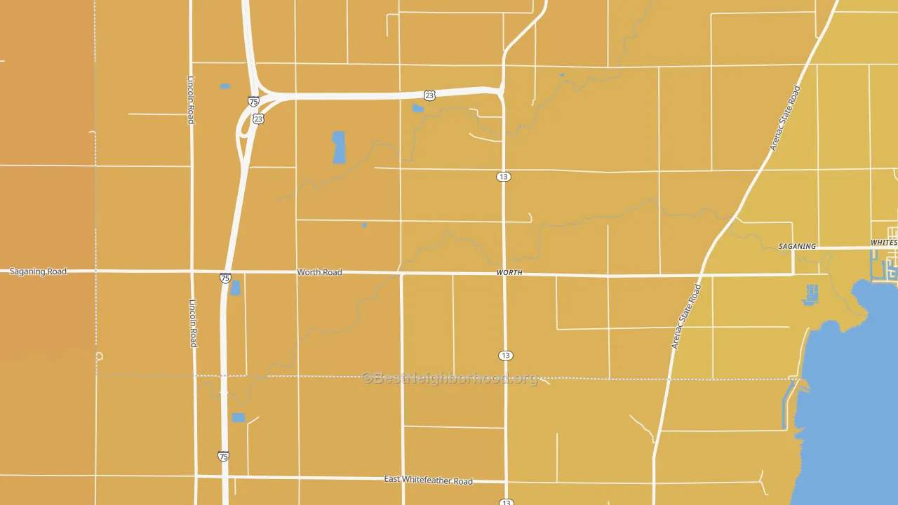 Map of the best neighborhoods in the Worth area, with better matches in green and worse matches in red