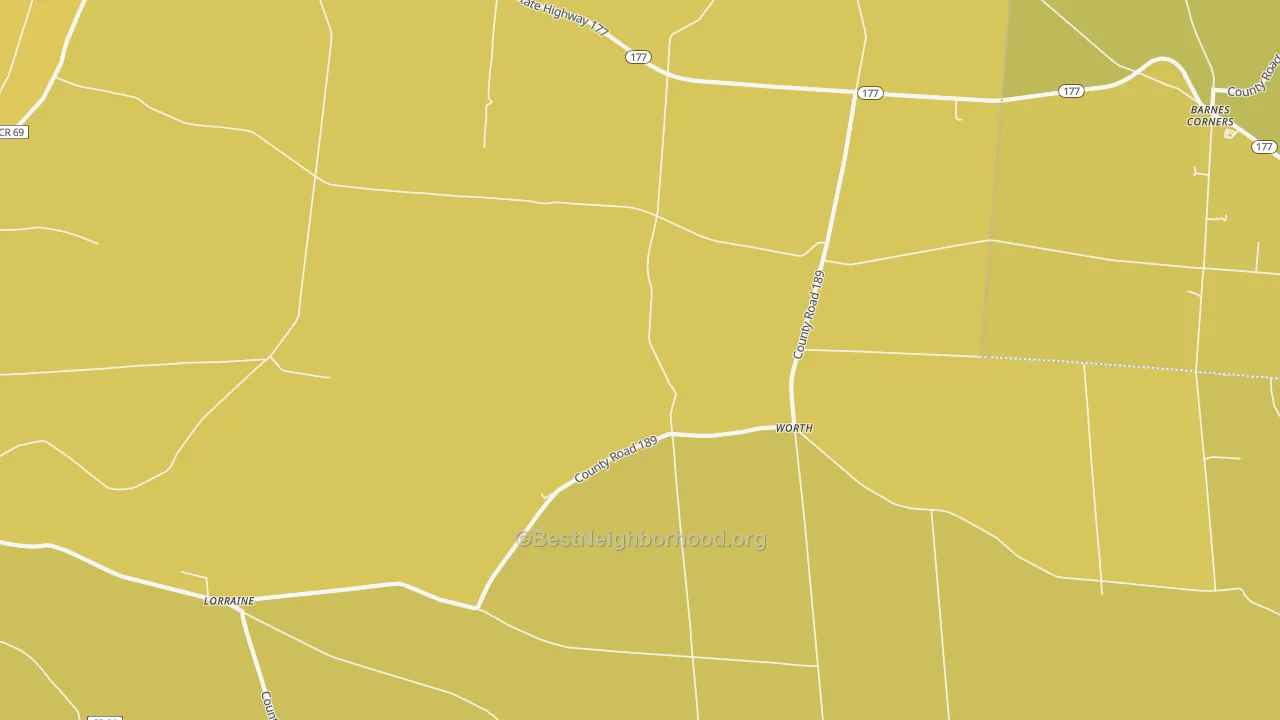 Map of the best neighborhoods in the Worth area, with better matches in green and worse matches in red