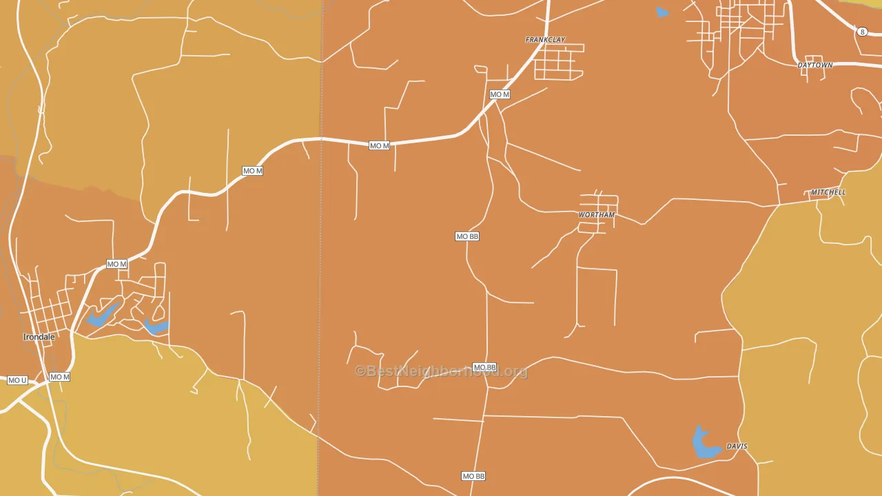 Map of the best neighborhoods in the Wortham area, with better matches in green and worse matches in red