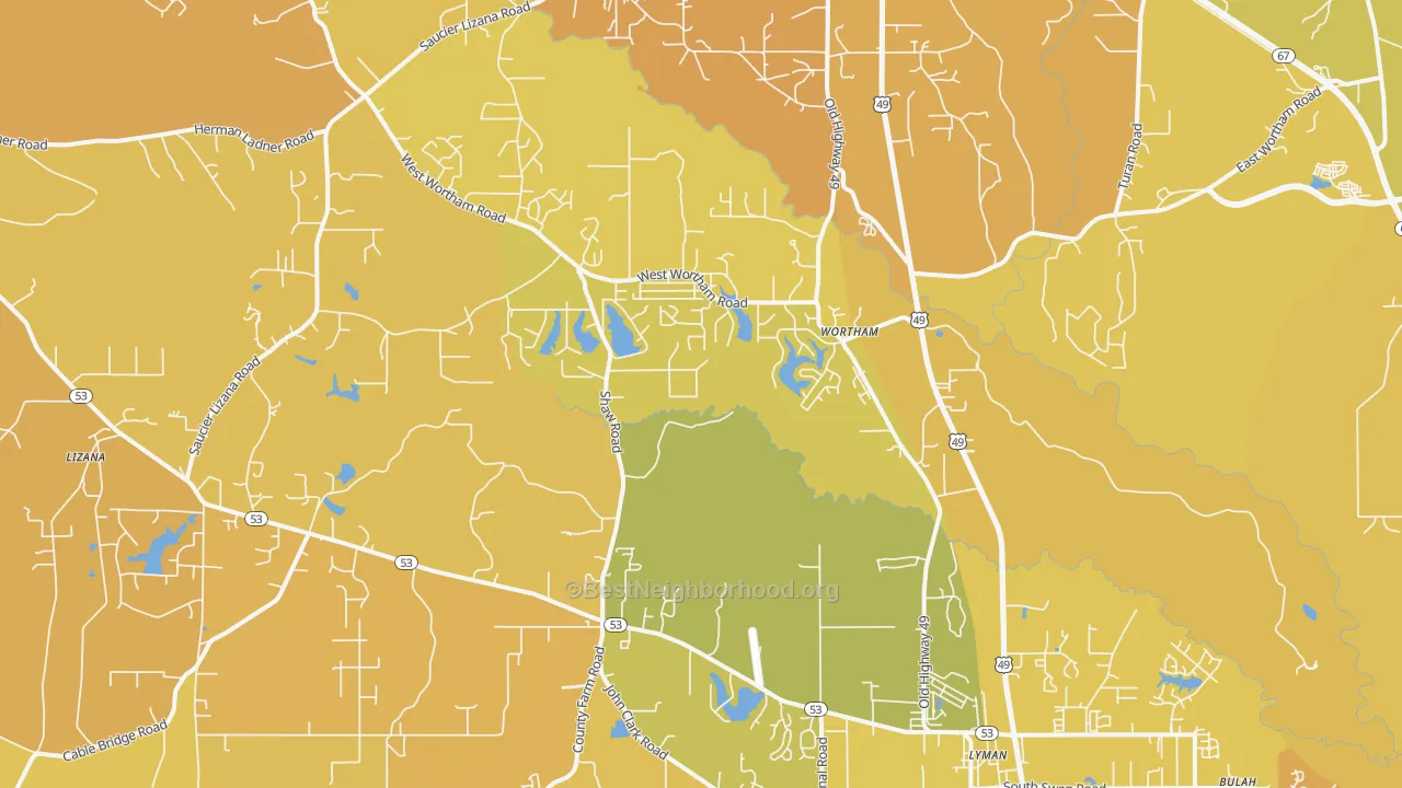 Map of the best neighborhoods in the Wortham area, with better matches in green and worse matches in red