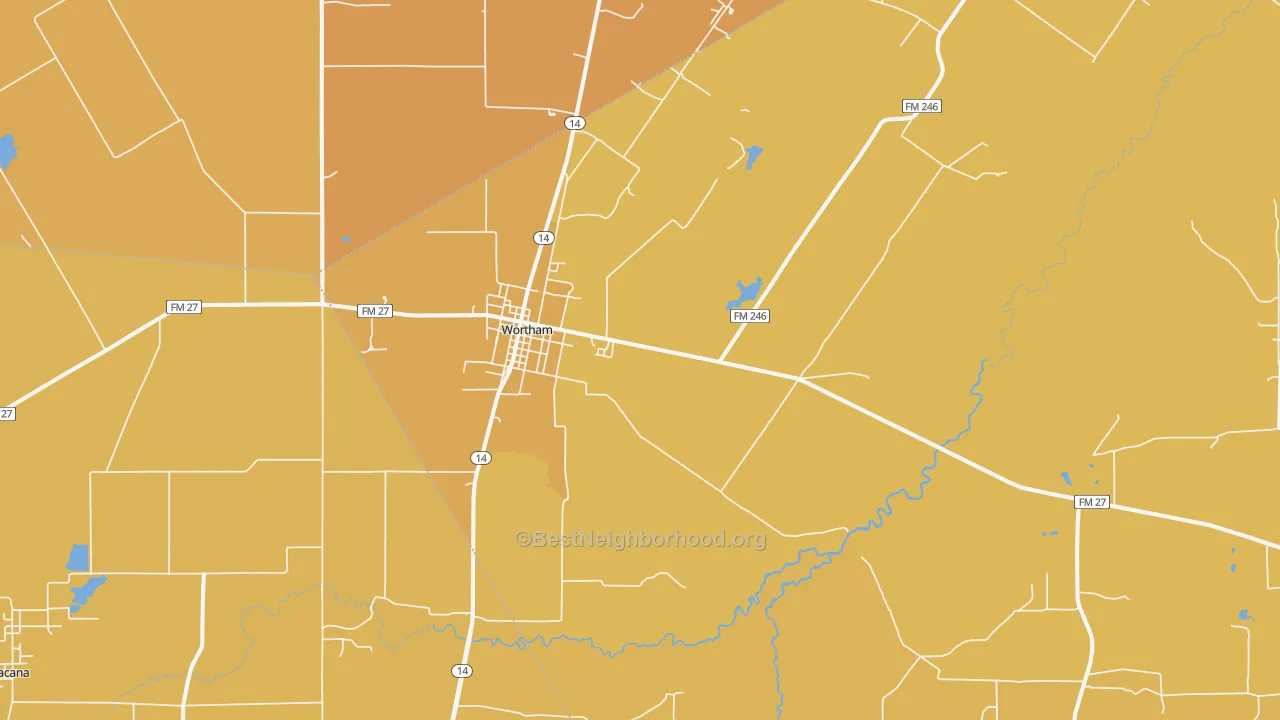 Map of the best neighborhoods in the Wortham area, with better matches in green and worse matches in red