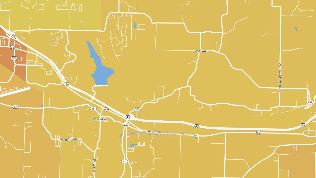 Map of the best neighborhoods in the Worthen area, with better matches in green and worse matches in red