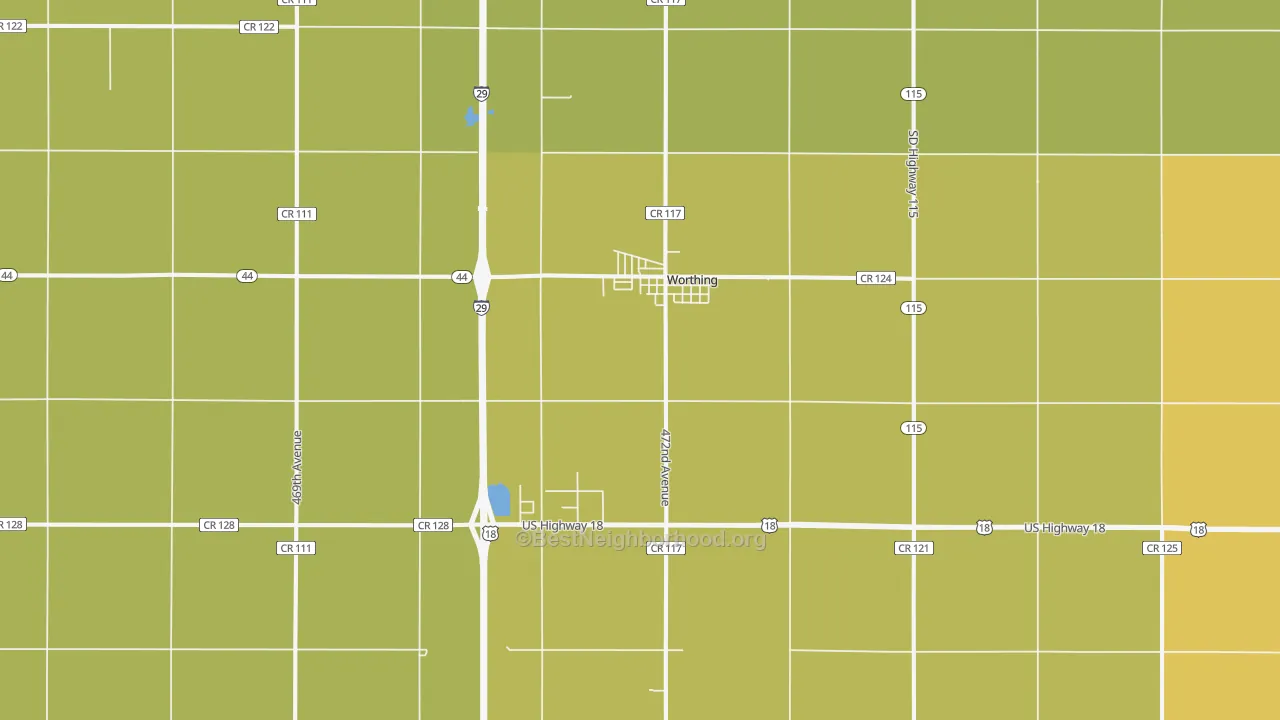 Map of the best neighborhoods in the Worthing area, with better matches in green and worse matches in red
