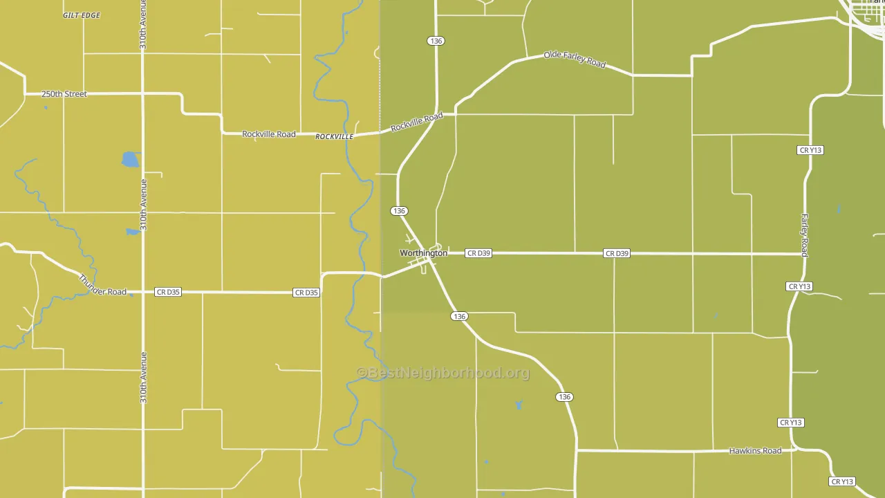 Map of the best neighborhoods in the Worthington area, with better matches in green and worse matches in red