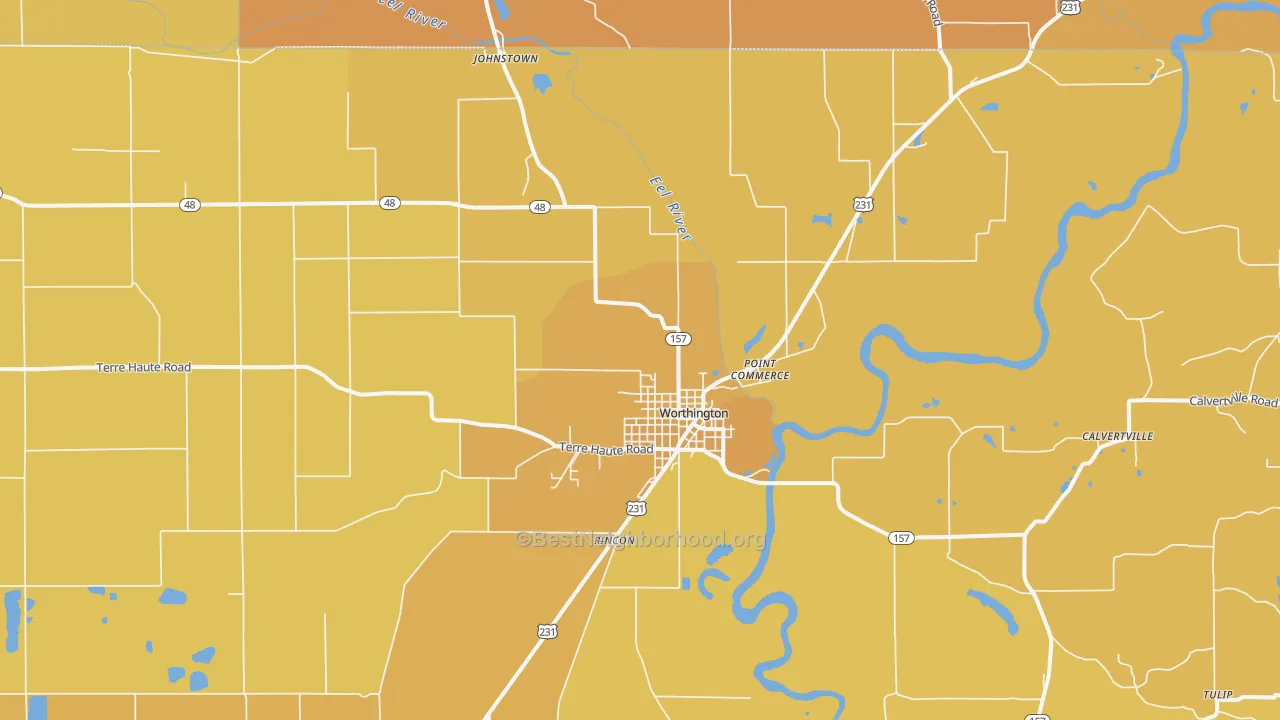 Map of the best neighborhoods in the Worthington area, with better matches in green and worse matches in red