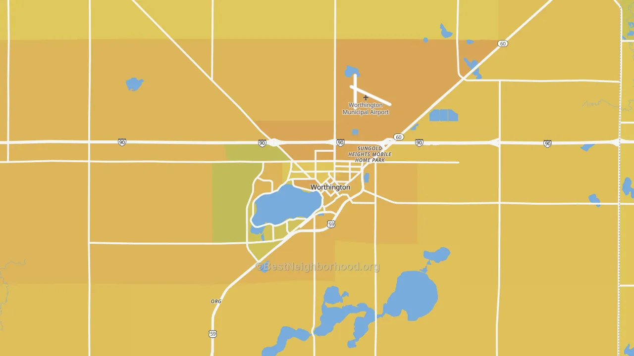 Map of the best neighborhoods in the Worthington area, with better matches in green and worse matches in red