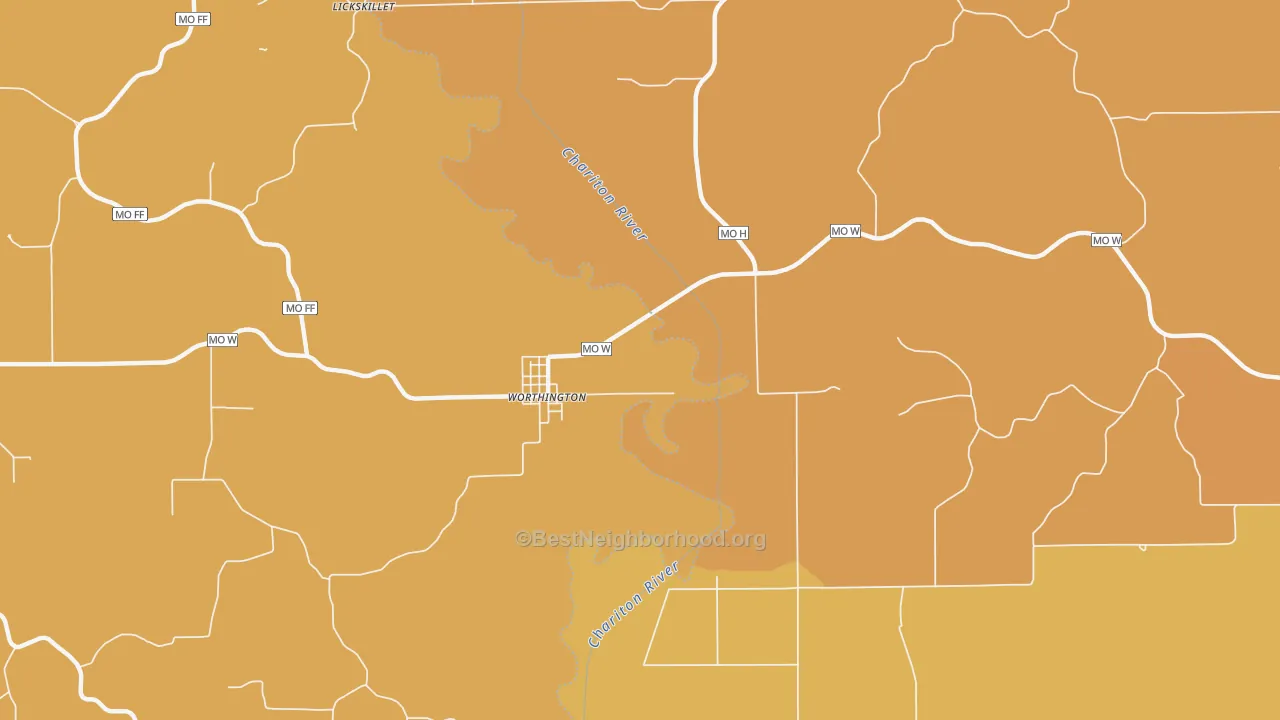 Map of the best neighborhoods in the Worthington area, with better matches in green and worse matches in red
