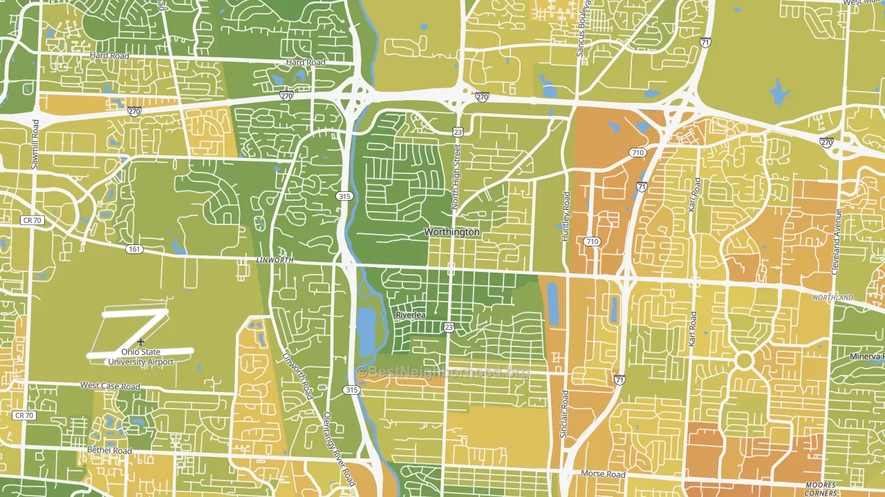 Map of the best neighborhoods in the Worthington area, with better matches in green and worse matches in red