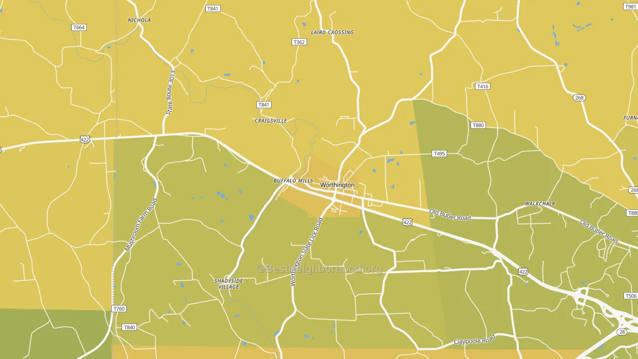 Map of the best neighborhoods in the Worthington area, with better matches in green and worse matches in red