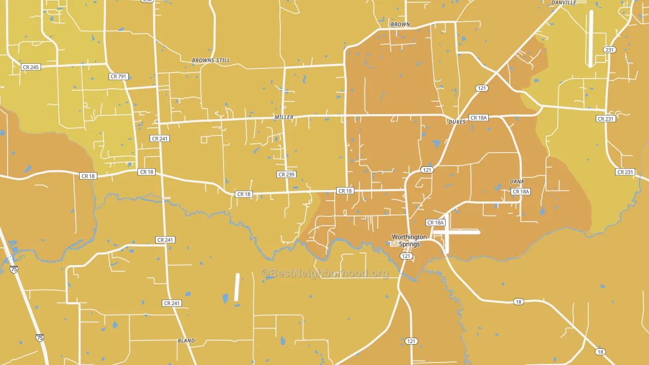 Map of the best neighborhoods in the Worthington Springs area, with better matches in green and worse matches in red