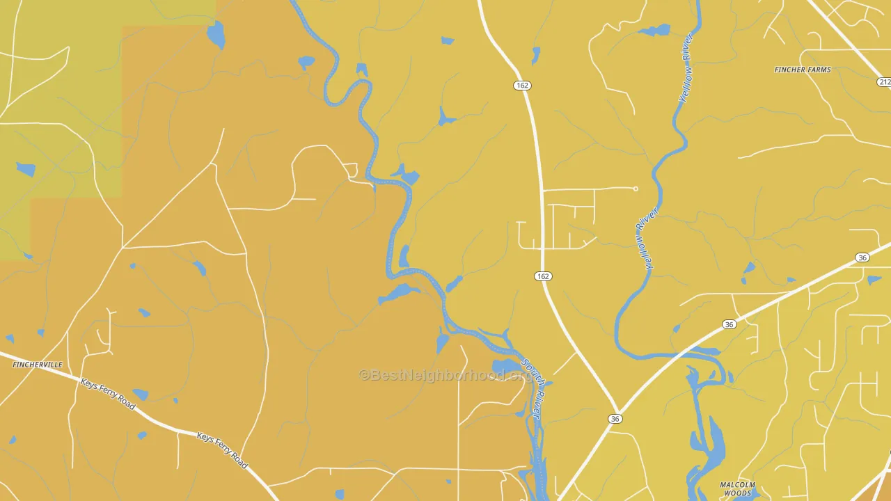 Map of the best neighborhoods in the Worthville area, with better matches in green and worse matches in red