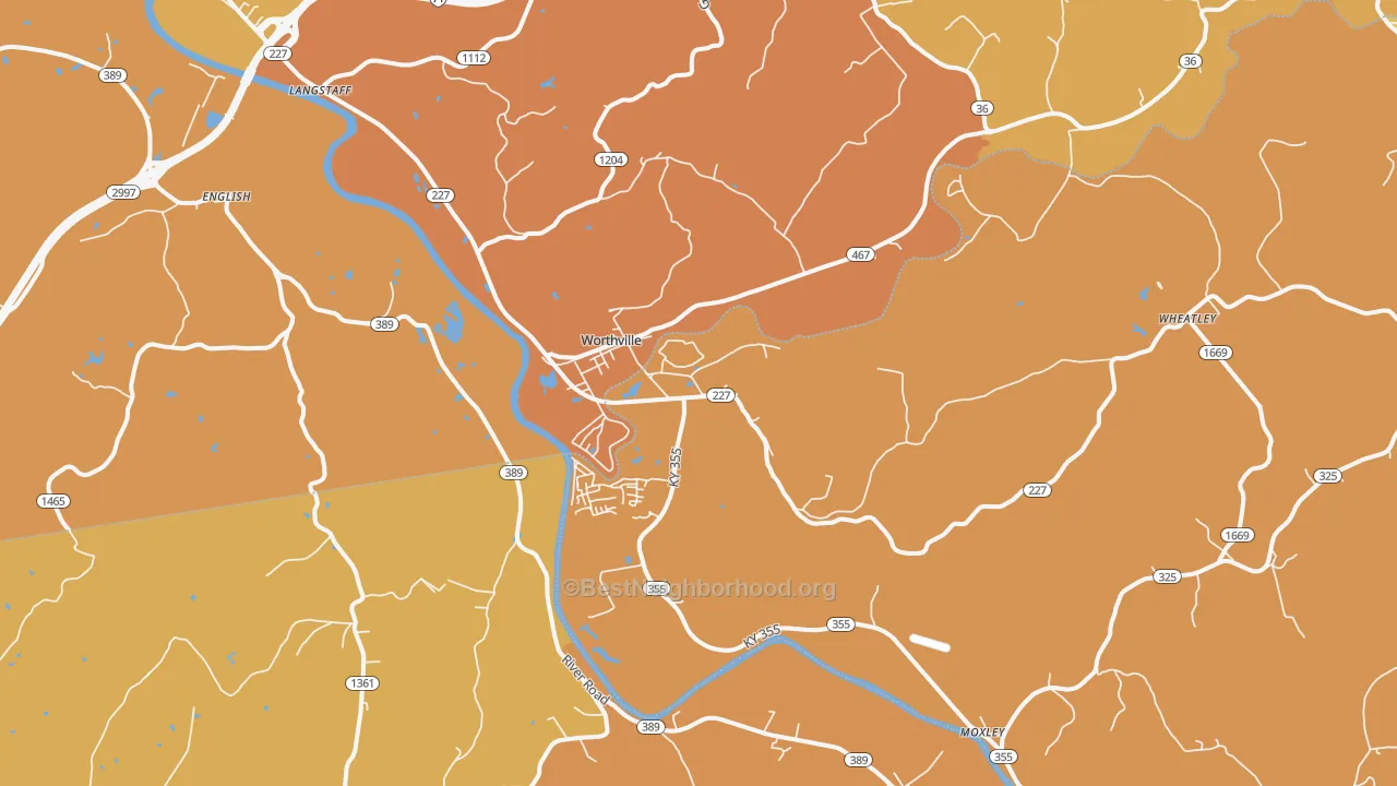 Map of the best neighborhoods in the Worthville area, with better matches in green and worse matches in red