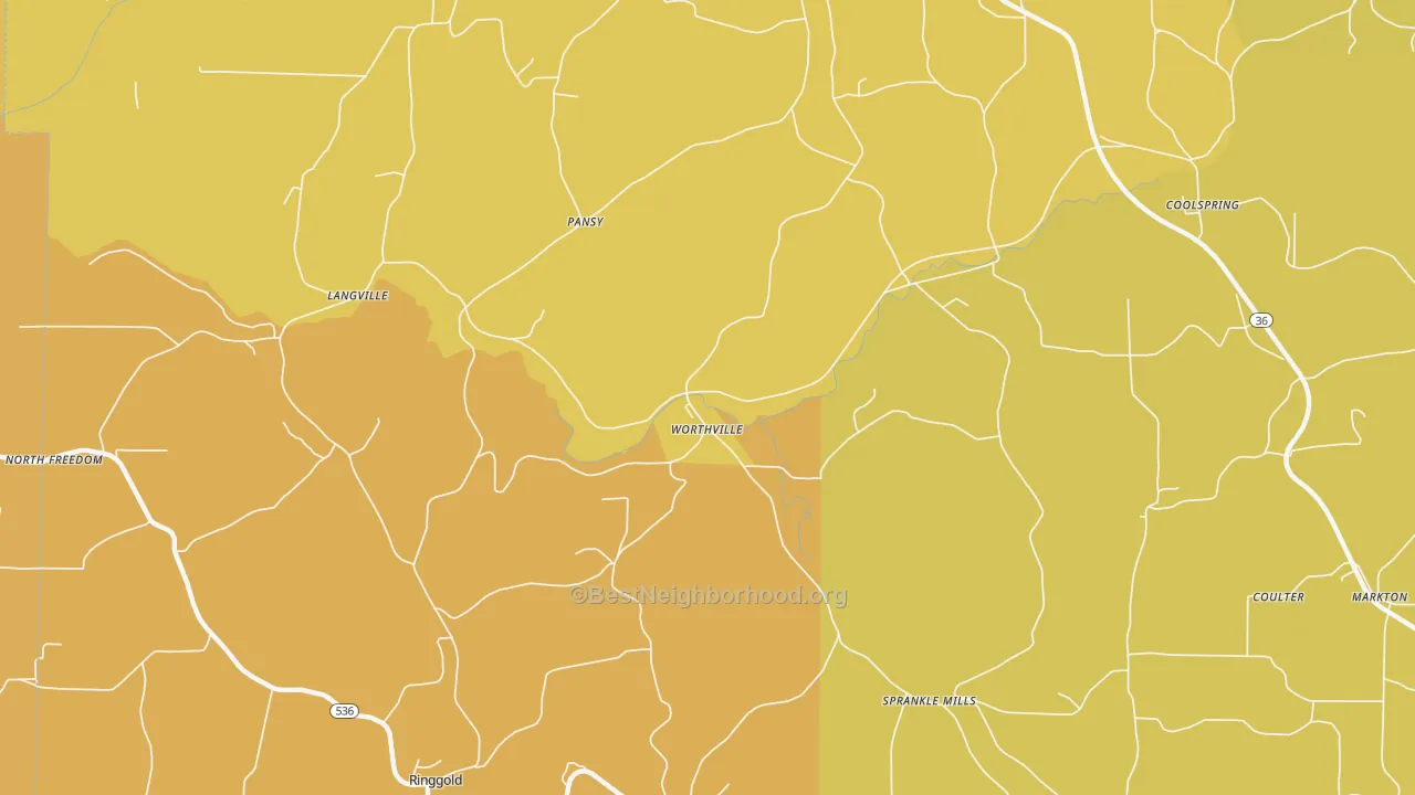 Map of the best neighborhoods in the Worthville area, with better matches in green and worse matches in red