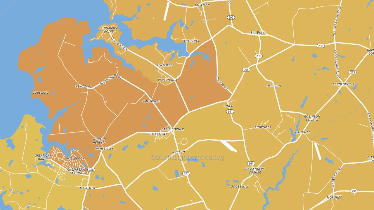 Map of the best neighborhoods in the Worton area, with better matches in green and worse matches in red