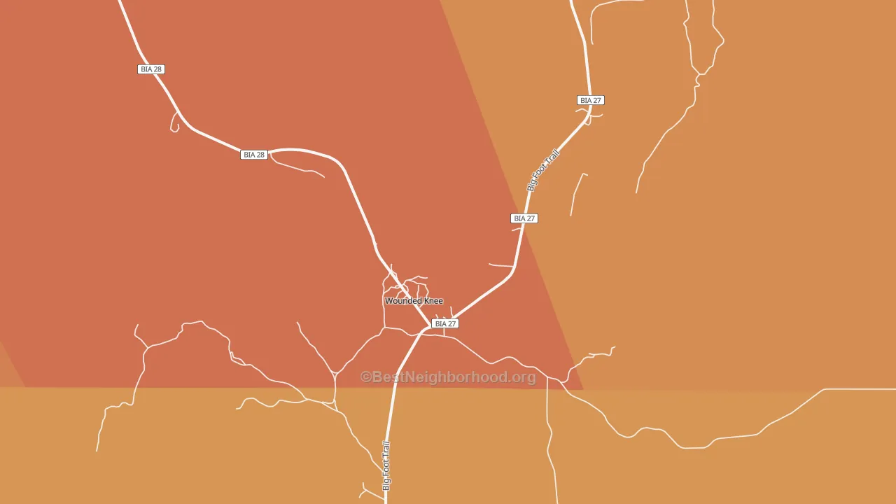 Map of the best neighborhoods in the Wounded Knee area, with better matches in green and worse matches in red