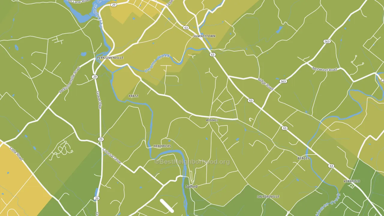 Map of the best neighborhoods in the Woxhall area, with better matches in green and worse matches in red