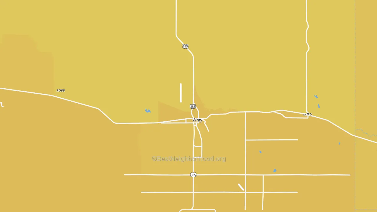 Map of the best neighborhoods in the Wray area, with better matches in green and worse matches in red