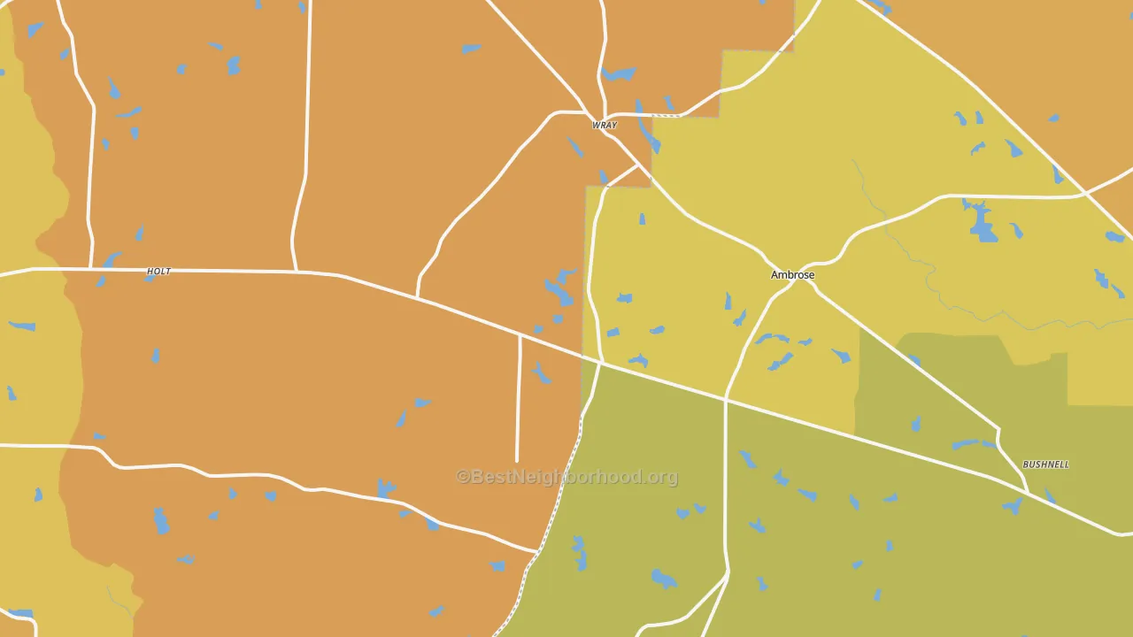 Map of the best neighborhoods in the Wray area, with better matches in green and worse matches in red
