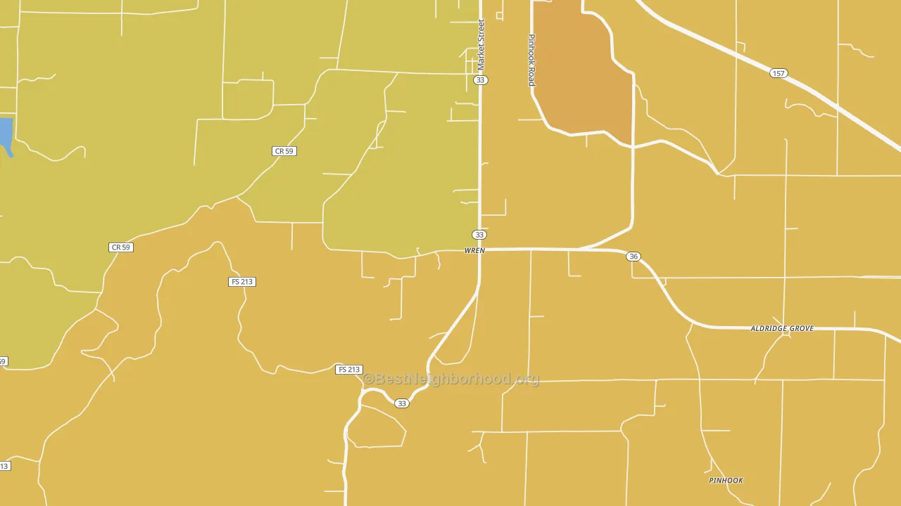 Map of the best neighborhoods in the Wren area, with better matches in green and worse matches in red