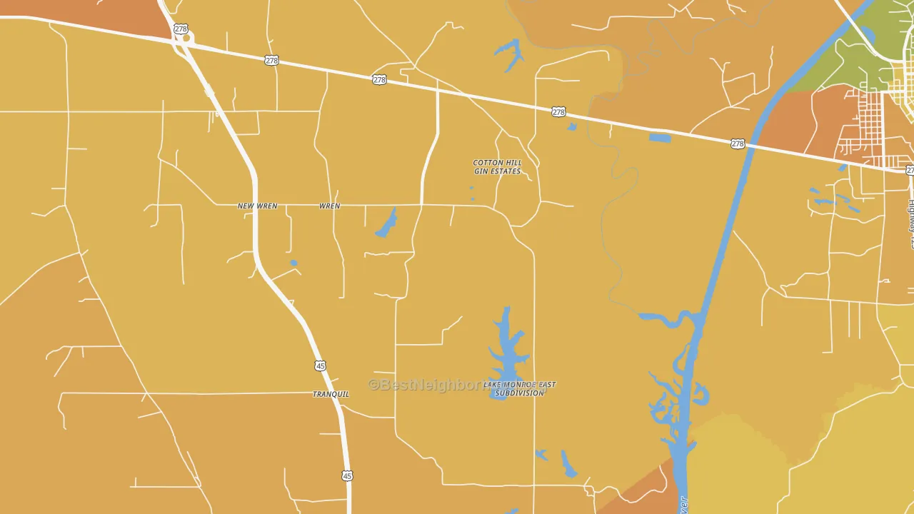 Map of the best neighborhoods in the Wren area, with better matches in green and worse matches in red