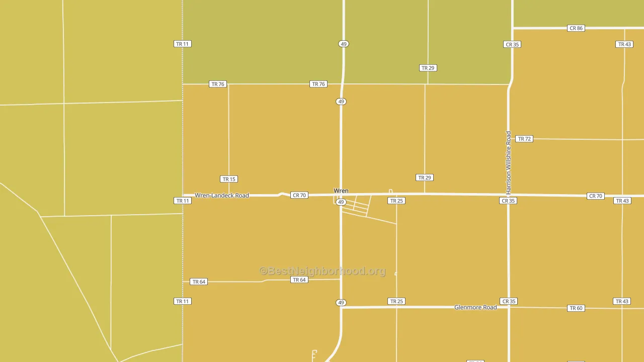 Map of the best neighborhoods in the Wren area, with better matches in green and worse matches in red