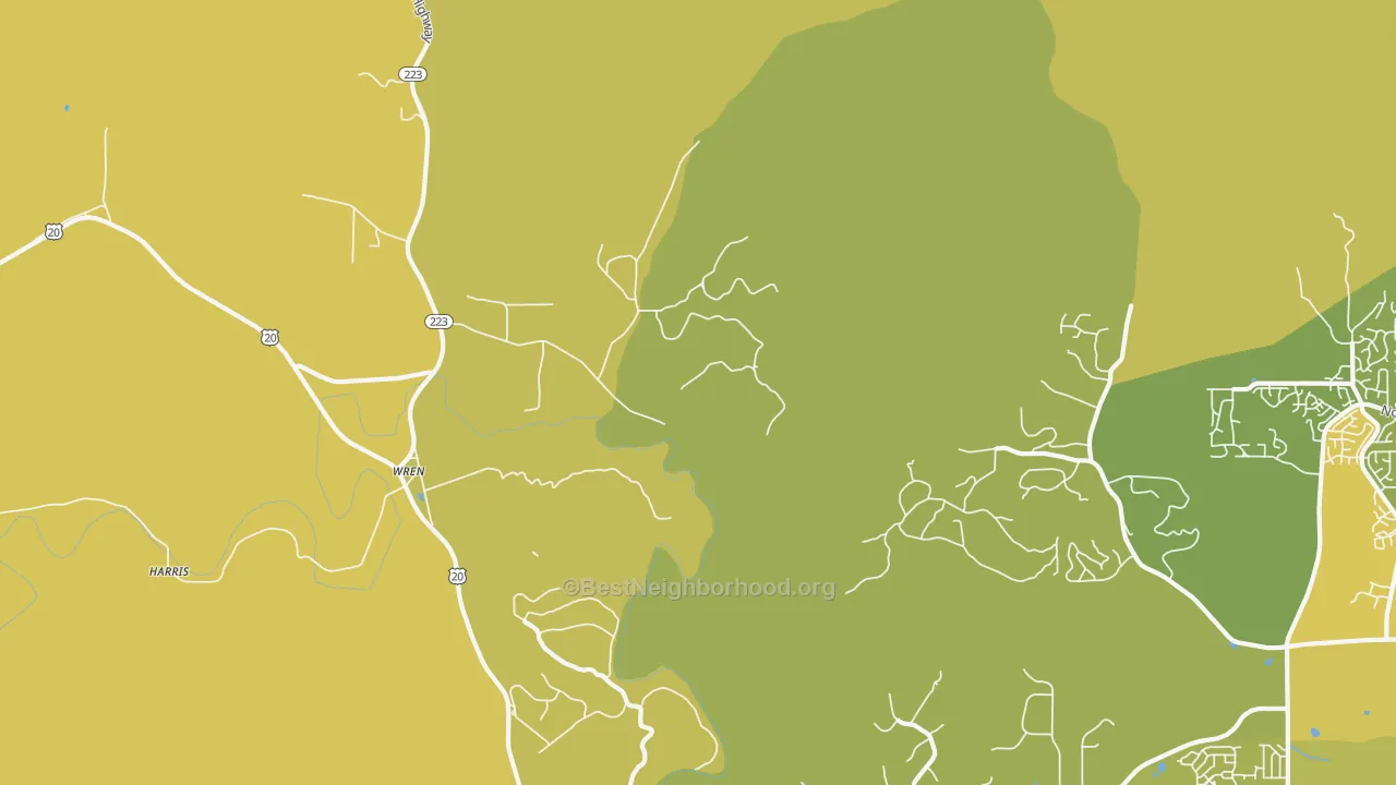 Map of the best neighborhoods in the Wren area, with better matches in green and worse matches in red
