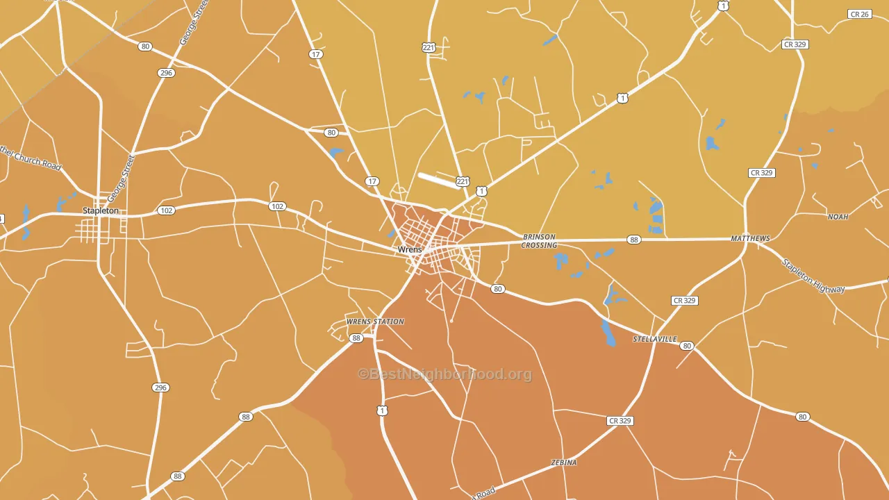 Map of the best neighborhoods in the Wrens area, with better matches in green and worse matches in red
