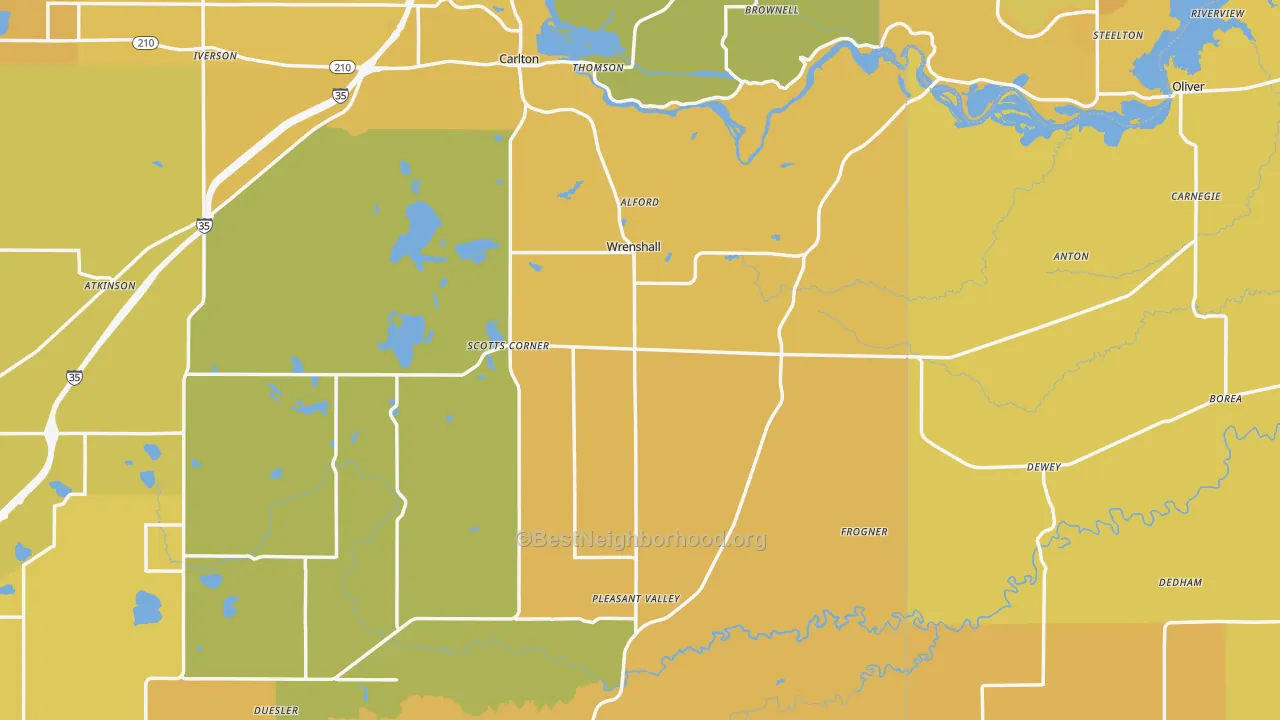Map of the best neighborhoods in the Wrenshall area, with better matches in green and worse matches in red