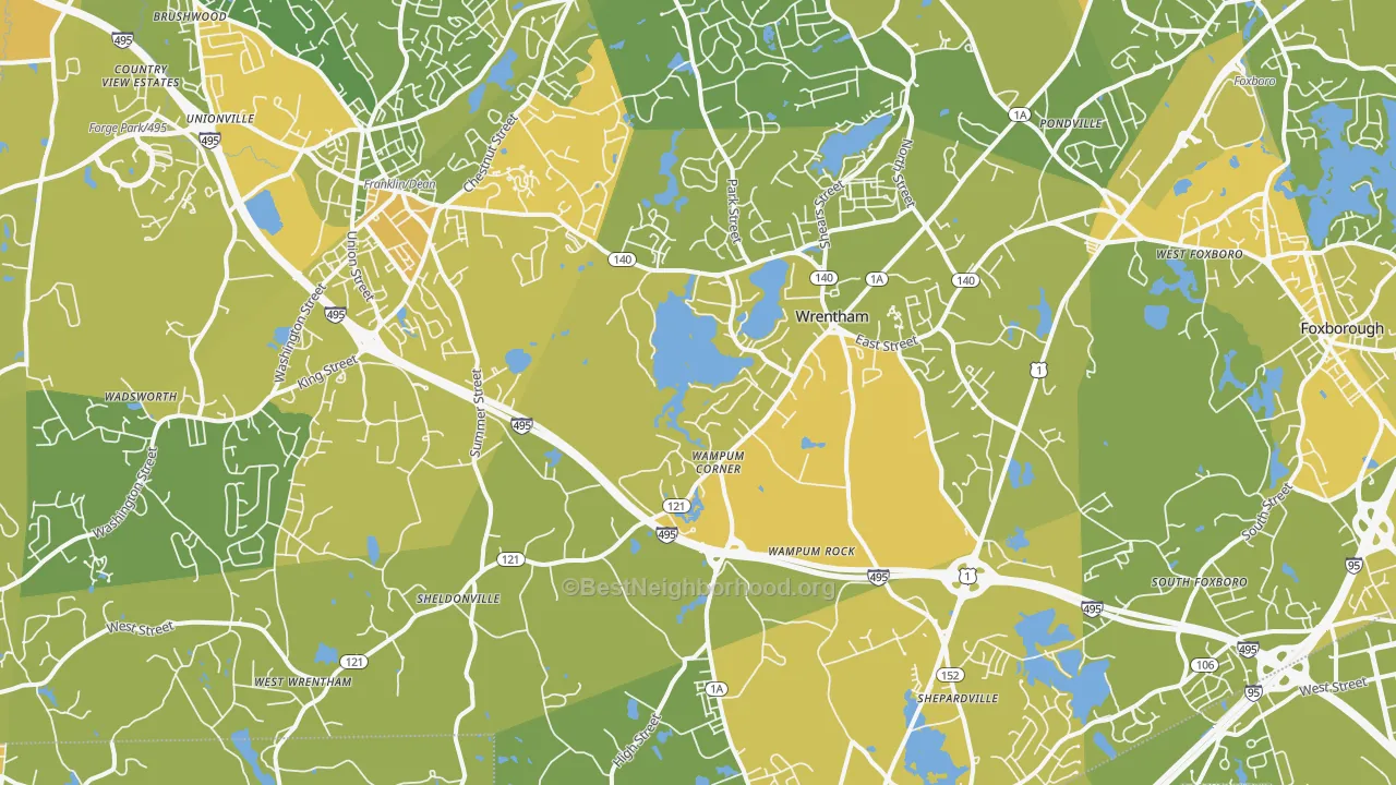 Map of the best neighborhoods in the Wrentham area, with better matches in green and worse matches in red