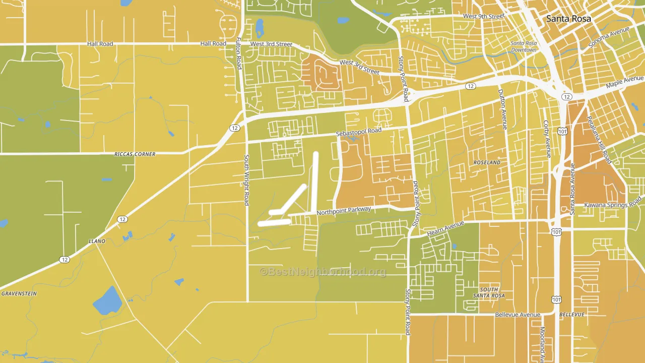 Map of the best neighborhoods in the Wright Area, Santa Rosa area, with better matches in green and worse matches in red