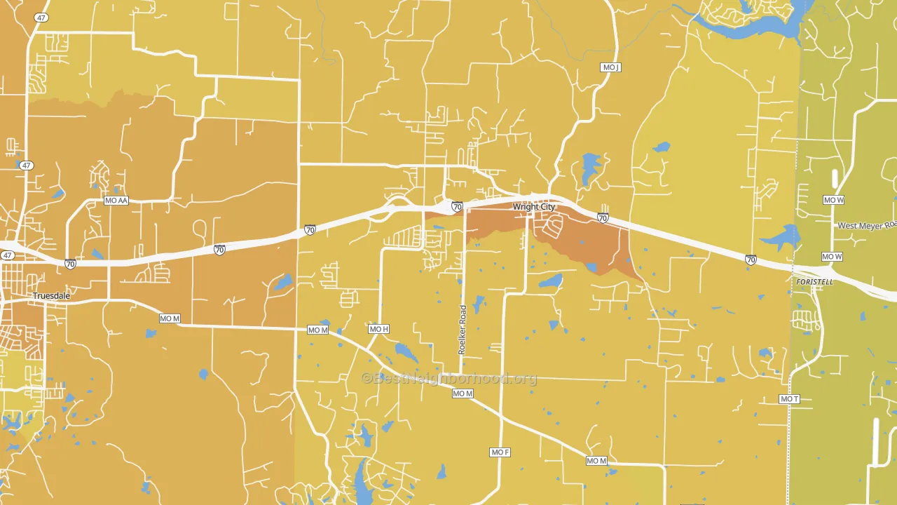 Map of the best neighborhoods in the Wright City area, with better matches in green and worse matches in red