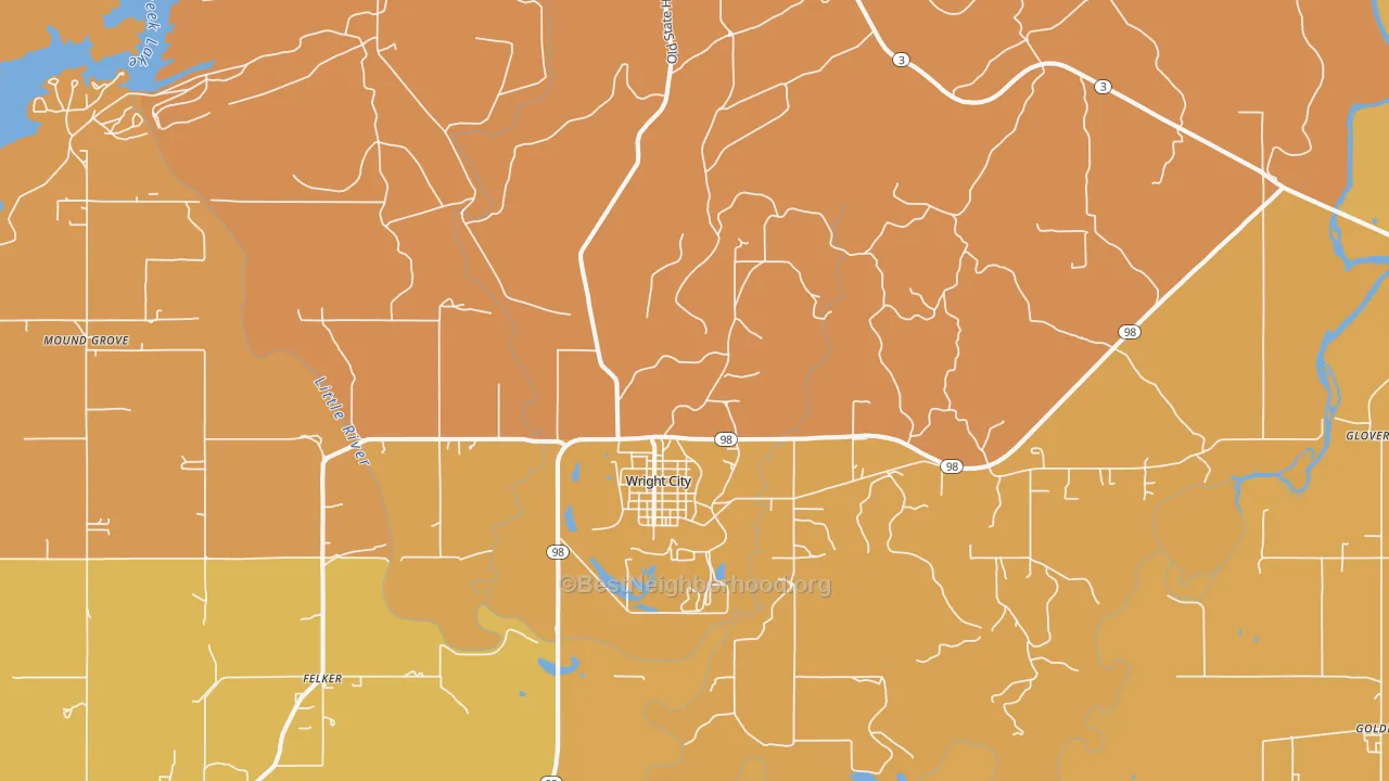 Map of the best neighborhoods in the Wright City area, with better matches in green and worse matches in red