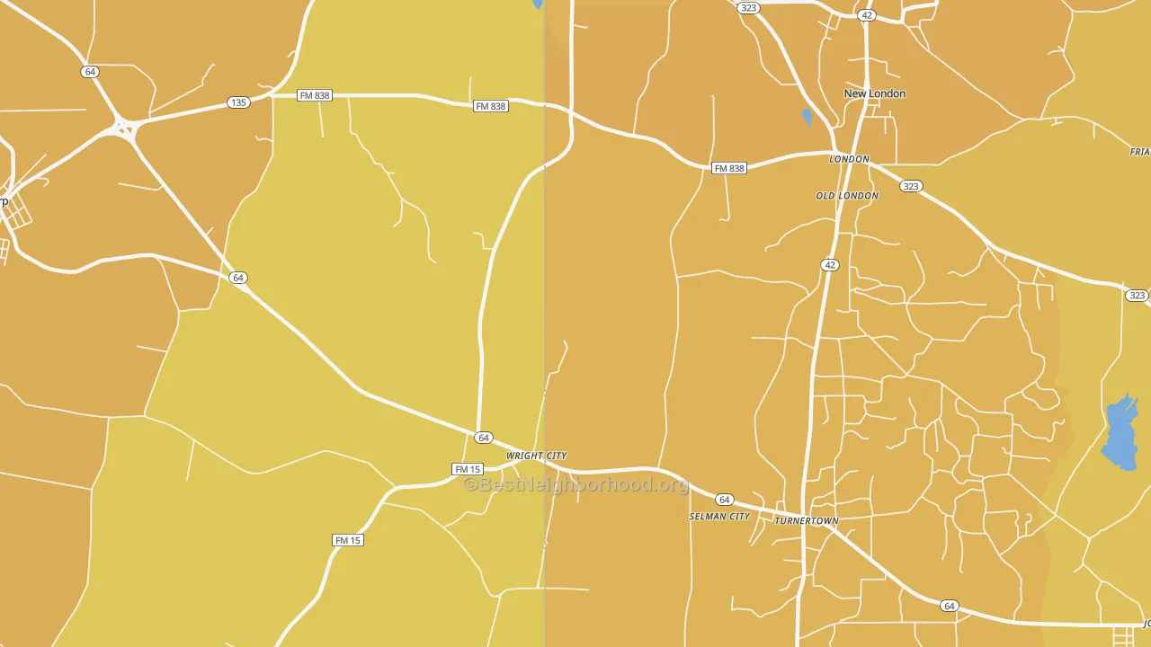 Map of the best neighborhoods in the Wright City area, with better matches in green and worse matches in red