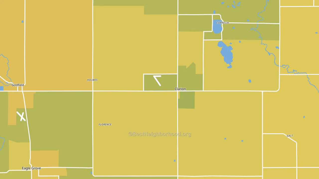 Map of the best neighborhoods in the Wright County area, with better matches in green and worse matches in red