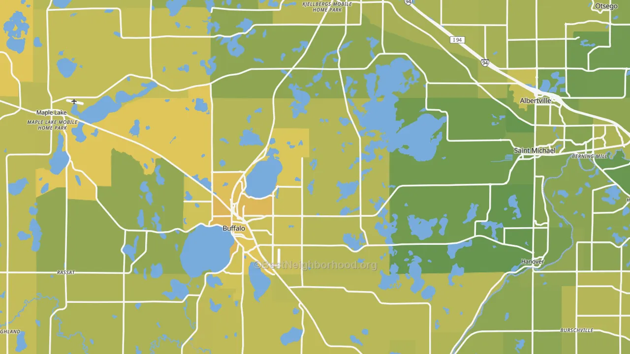 Map of the best neighborhoods in the Wright County area, with better matches in green and worse matches in red