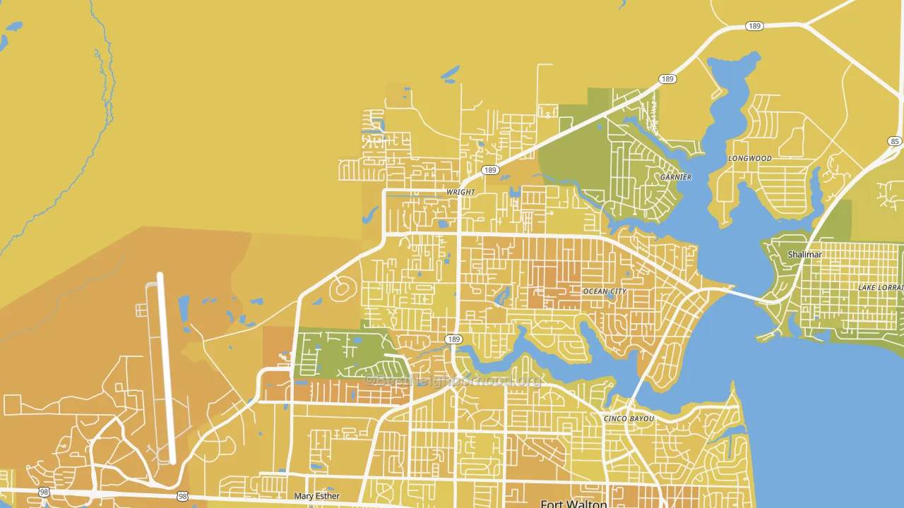 Map of the best neighborhoods in the Wright area, with better matches in green and worse matches in red