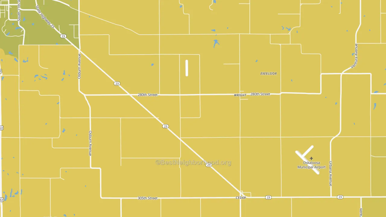 Map of the best neighborhoods in the Wright area, with better matches in green and worse matches in red