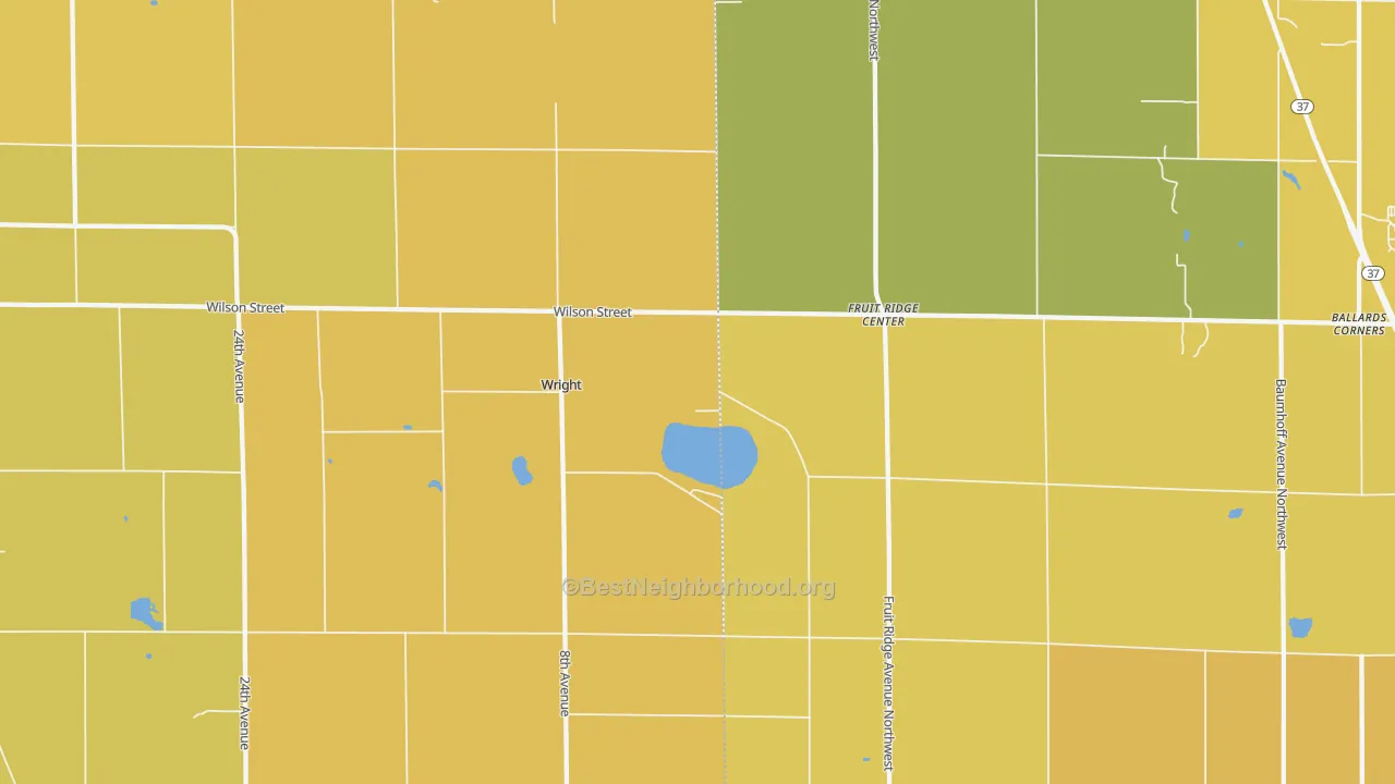 Map of the best neighborhoods in the Wright area, with better matches in green and worse matches in red