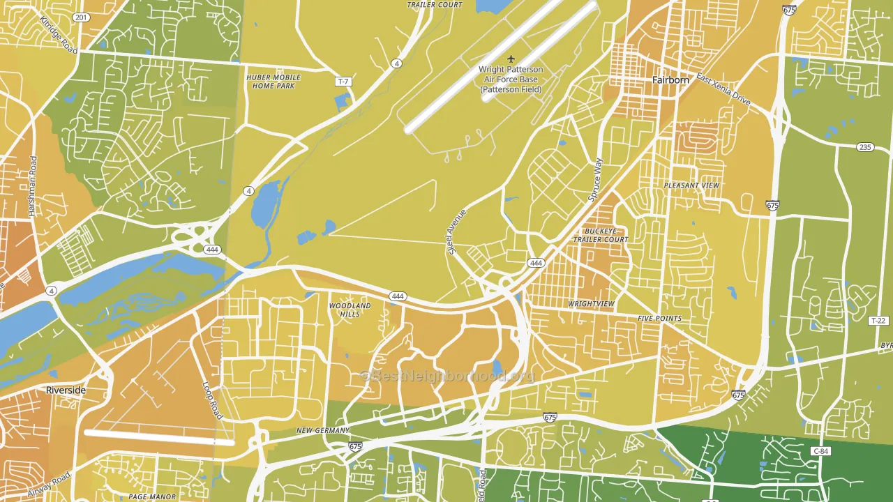 Map of the best neighborhoods in the Wright-Patterson AFB area, with better matches in green and worse matches in red