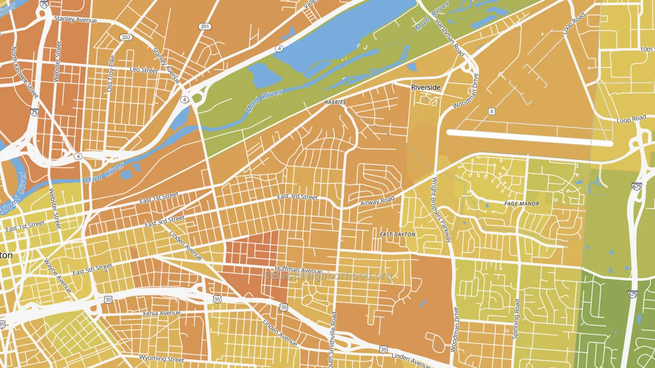 Map of the best neighborhoods in the Wright View, Dayton area, with better matches in green and worse matches in red