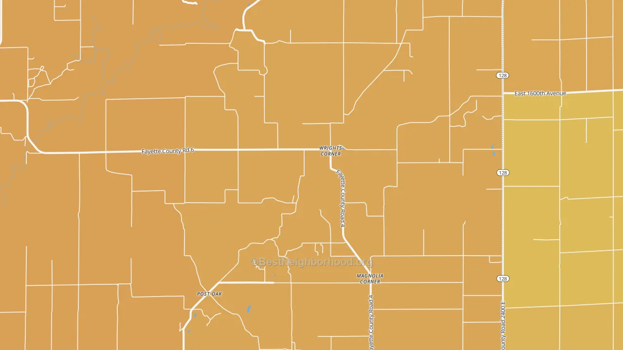 Map of the best neighborhoods in the Wrights Corner area, with better matches in green and worse matches in red