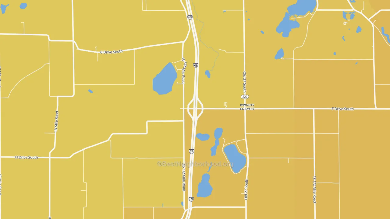Map of the best neighborhoods in the Wrights Corners area, with better matches in green and worse matches in red