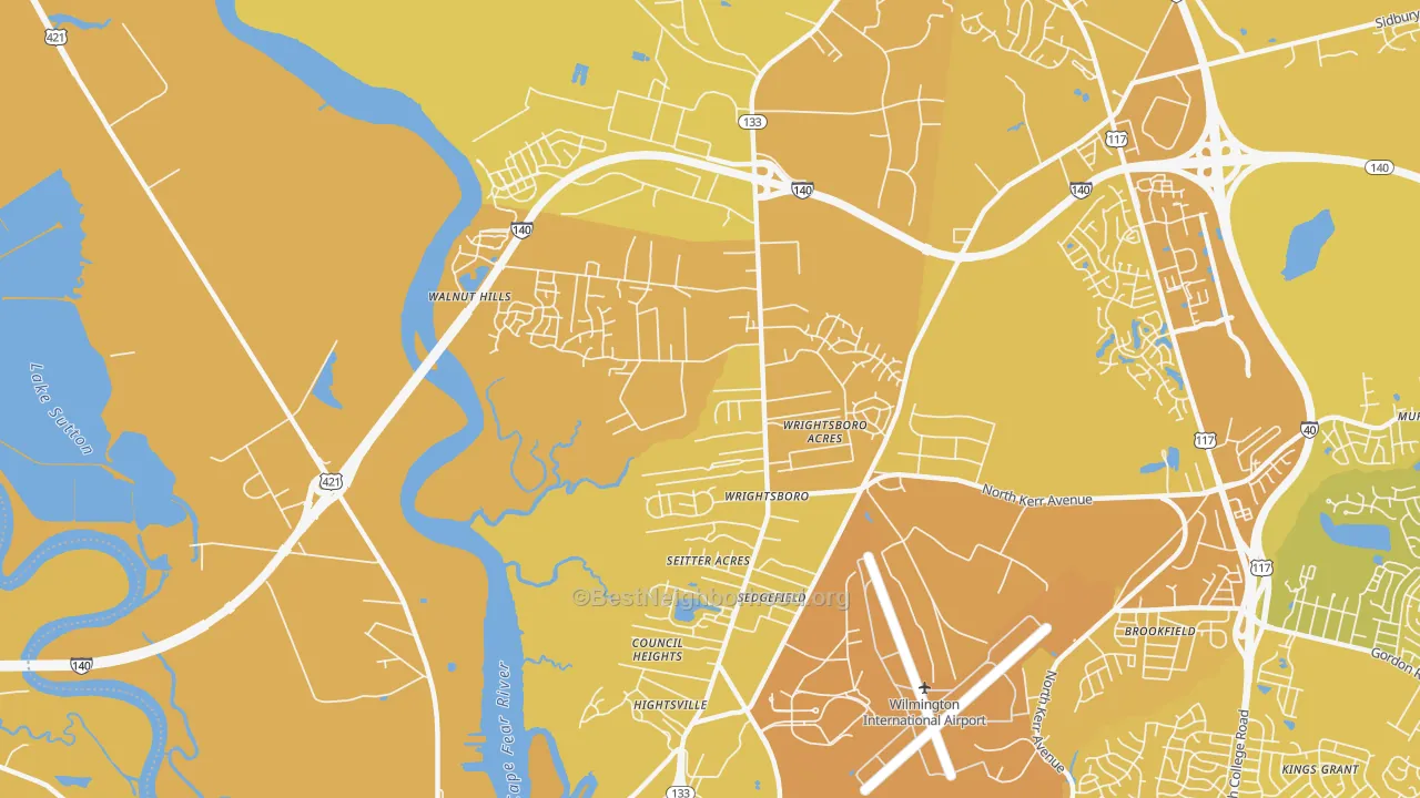 Map of the best neighborhoods in the Wrightsboro, Wilmington area, with better matches in green and worse matches in red