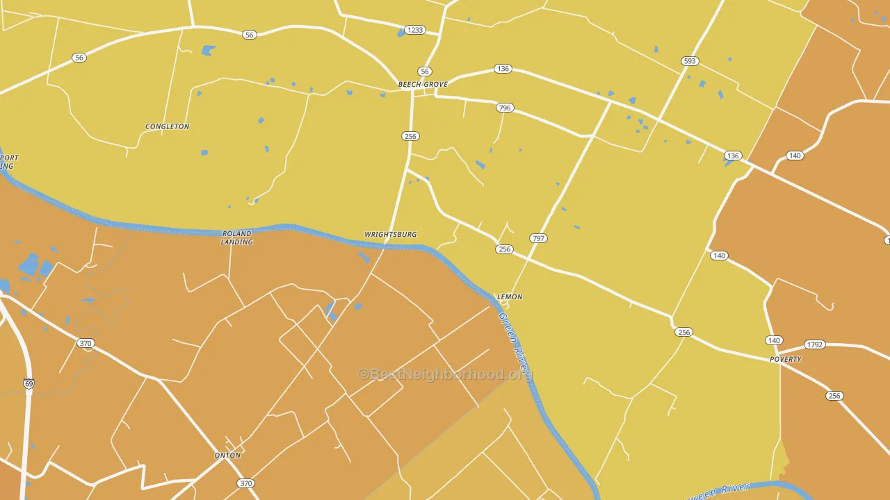 Map of the best neighborhoods in the Wrightsburg area, with better matches in green and worse matches in red