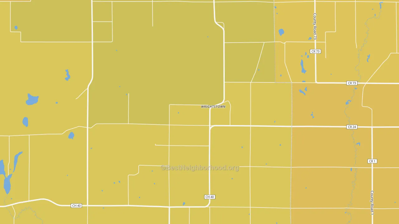 Map of the best neighborhoods in the Wrightstown area, with better matches in green and worse matches in red