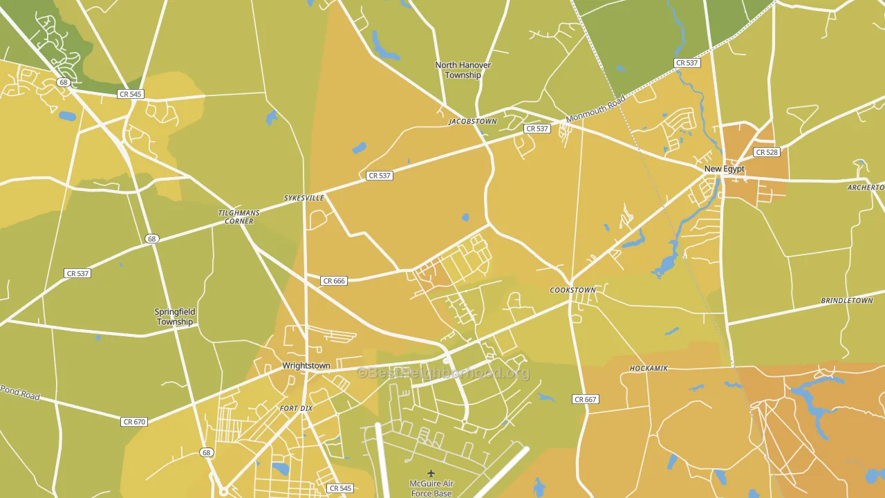 Map of the best neighborhoods in the Wrightstown area, with better matches in green and worse matches in red