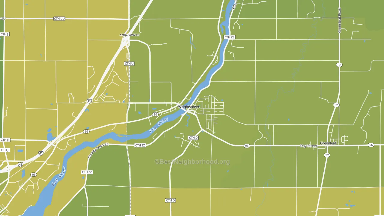 Map of the best neighborhoods in the Wrightstown area, with better matches in green and worse matches in red