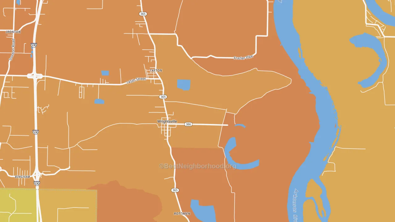 Map of the best neighborhoods in the Wrightsville area, with better matches in green and worse matches in red